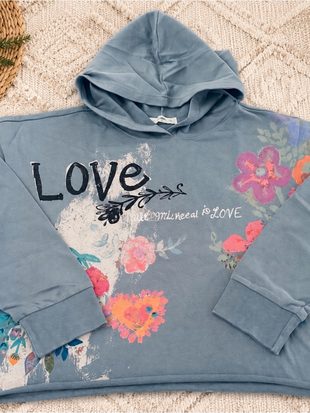 Natural Life Love Floral Hoodie Blue Boho Pullover Sweatshirt Cozy Cottagecore - Picture 2 of 4